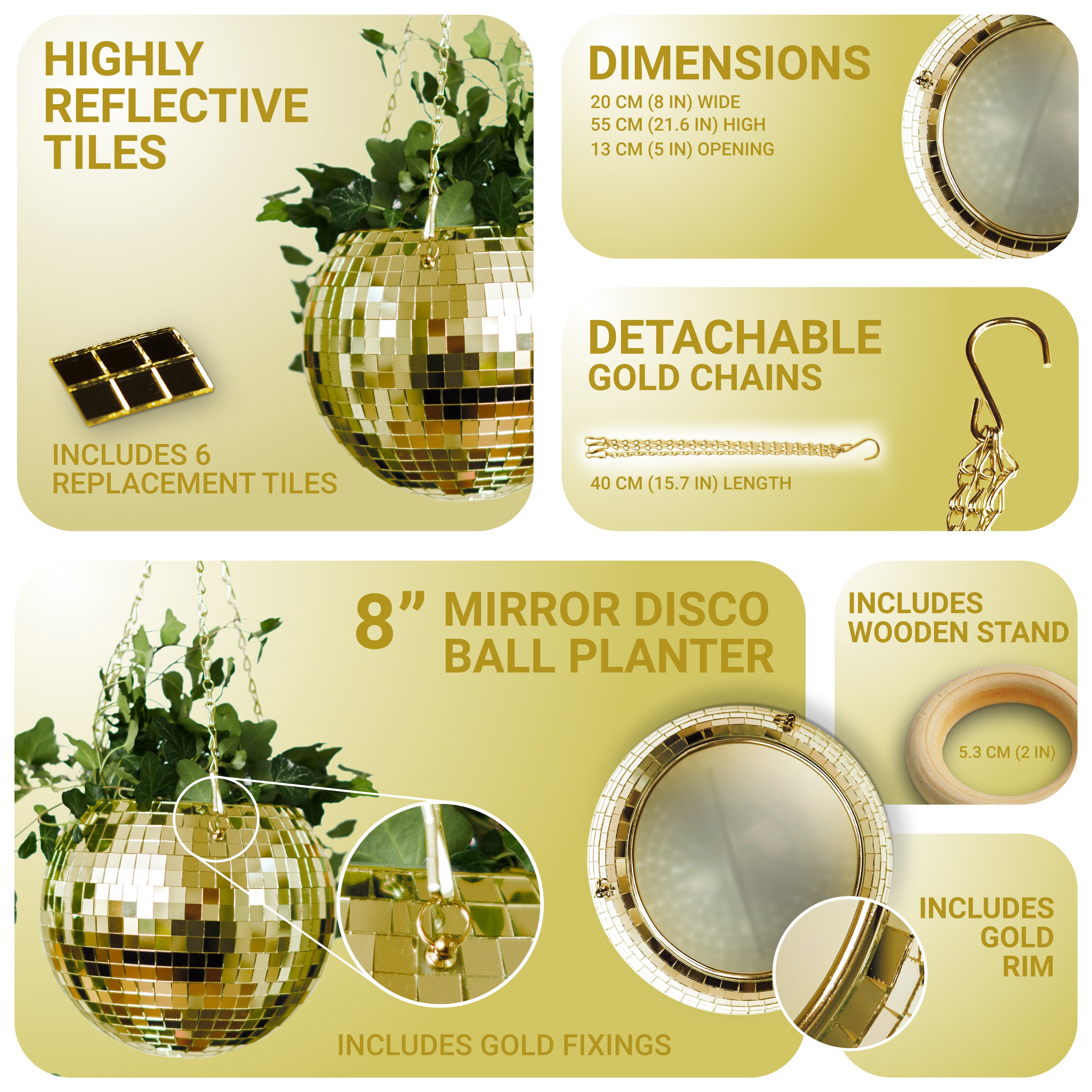 Disco Ball Hanging Planter - Gold (8-inch)