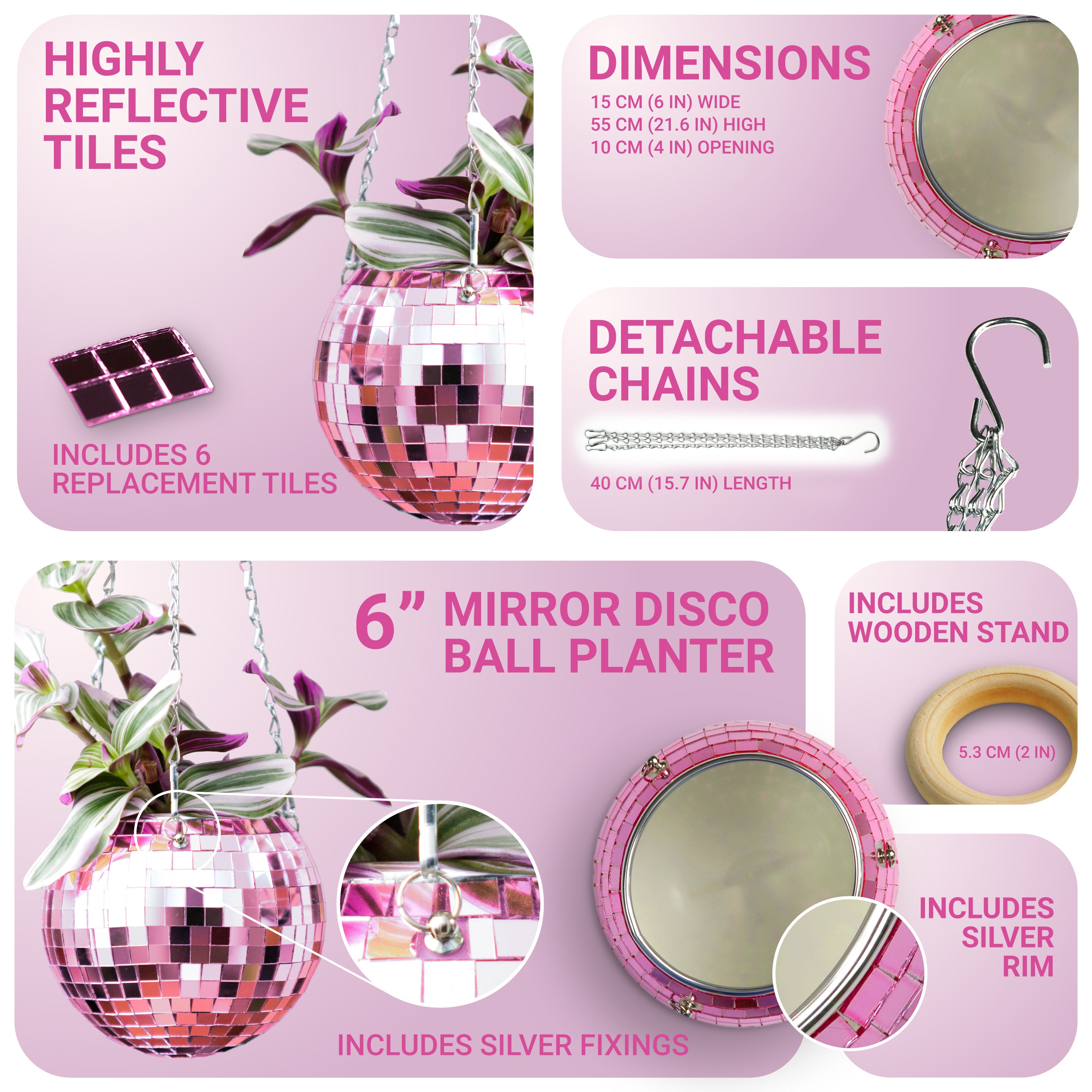 Disco Ball Hanging Planter: Pink (6-inch)