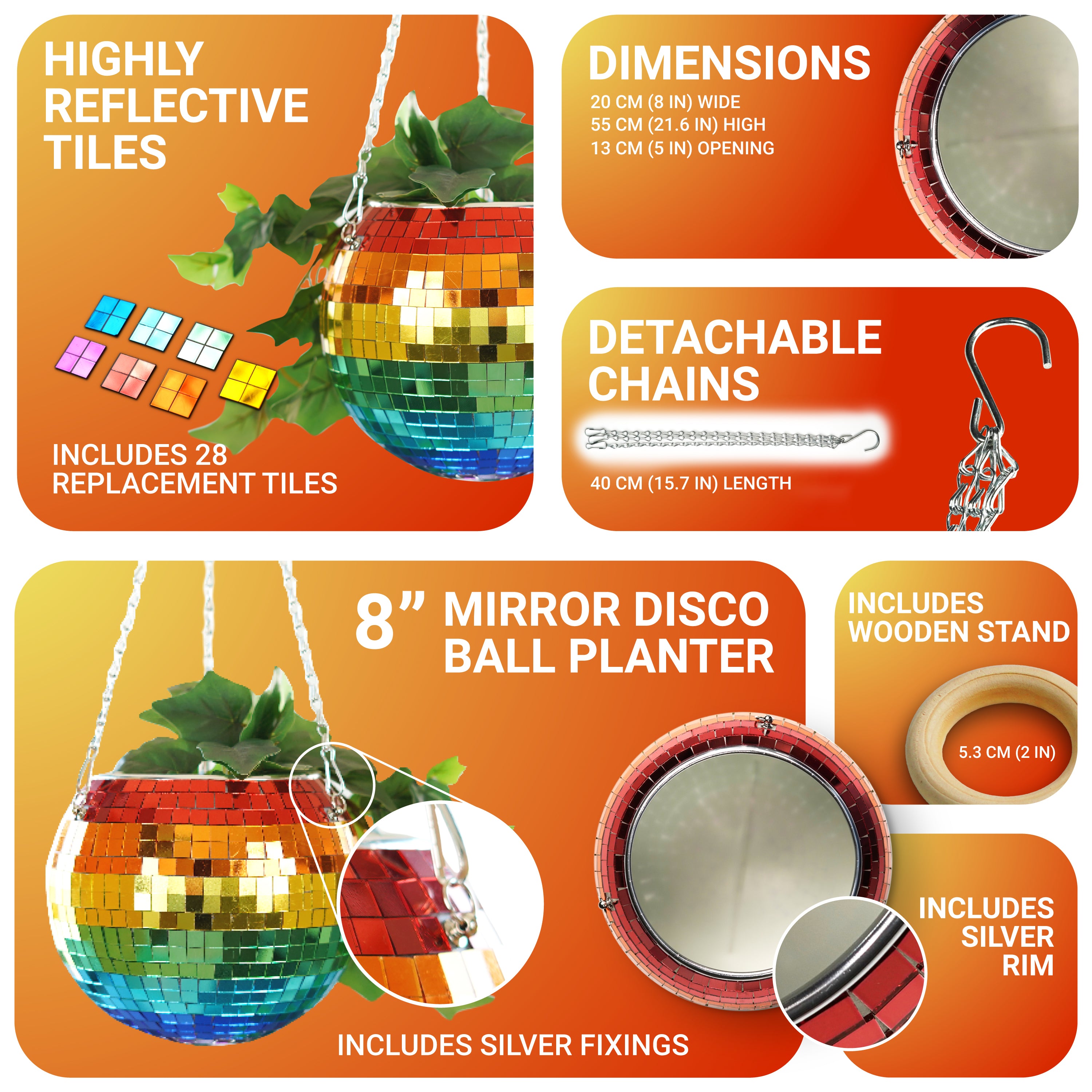 Disco Ball Hanging Planter - Rainbow (8-inch)