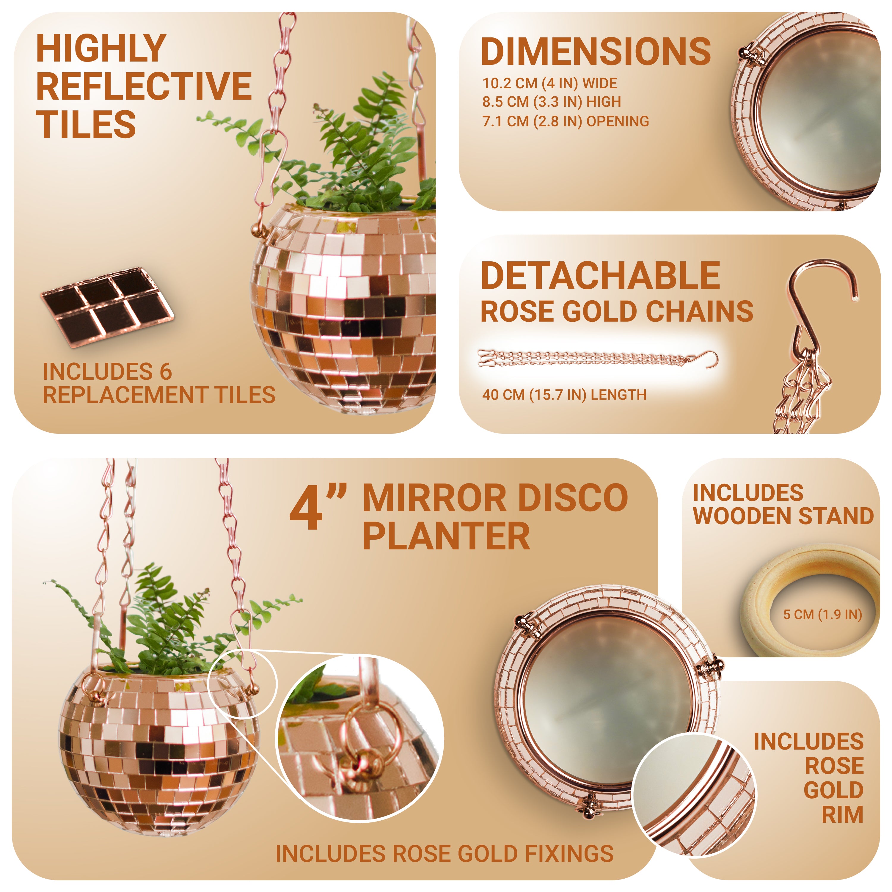 Disco Ball Hanging Planter - Rose Gold (4-inch)