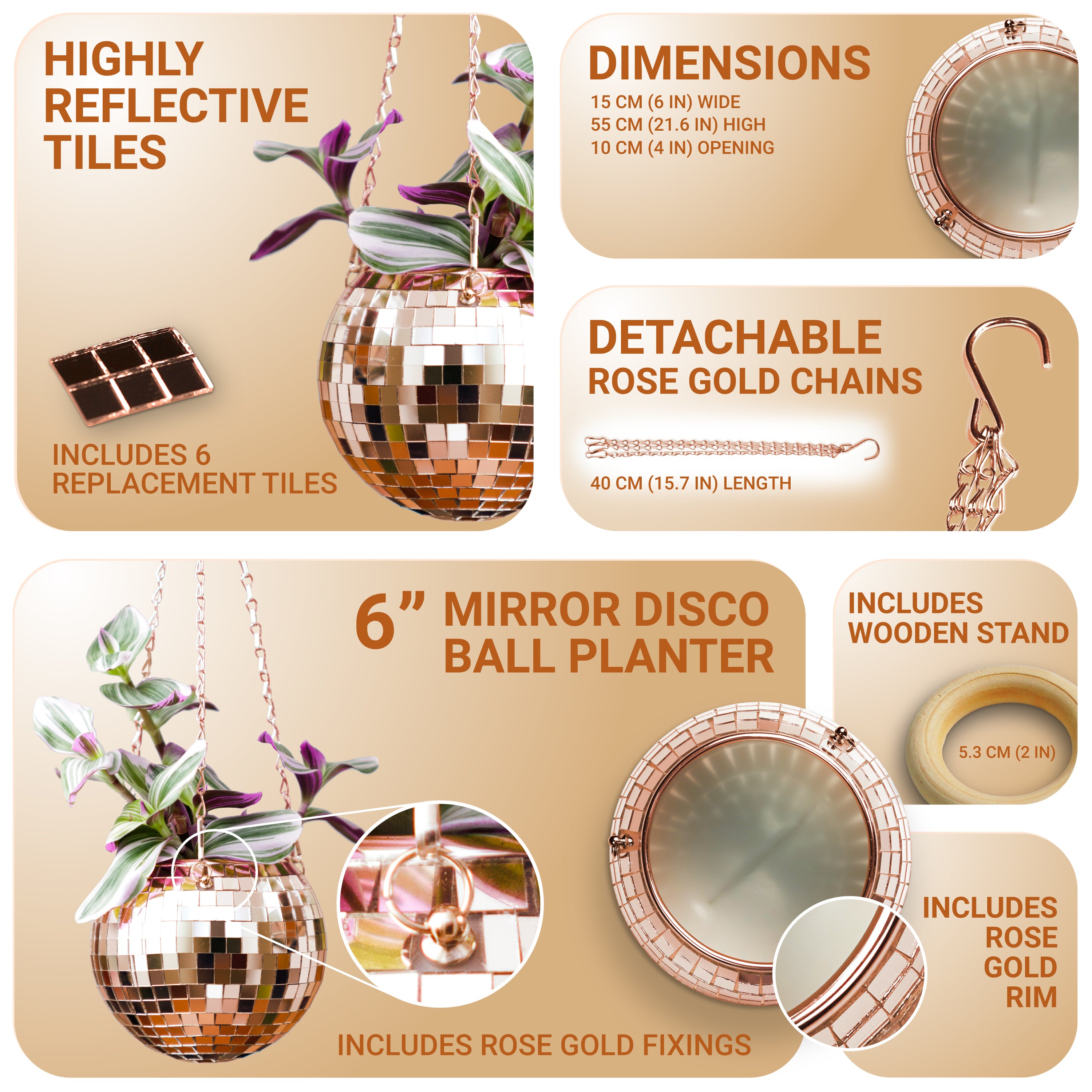 Disco Ball Hanging Planter - Rose Gold (6-inch)