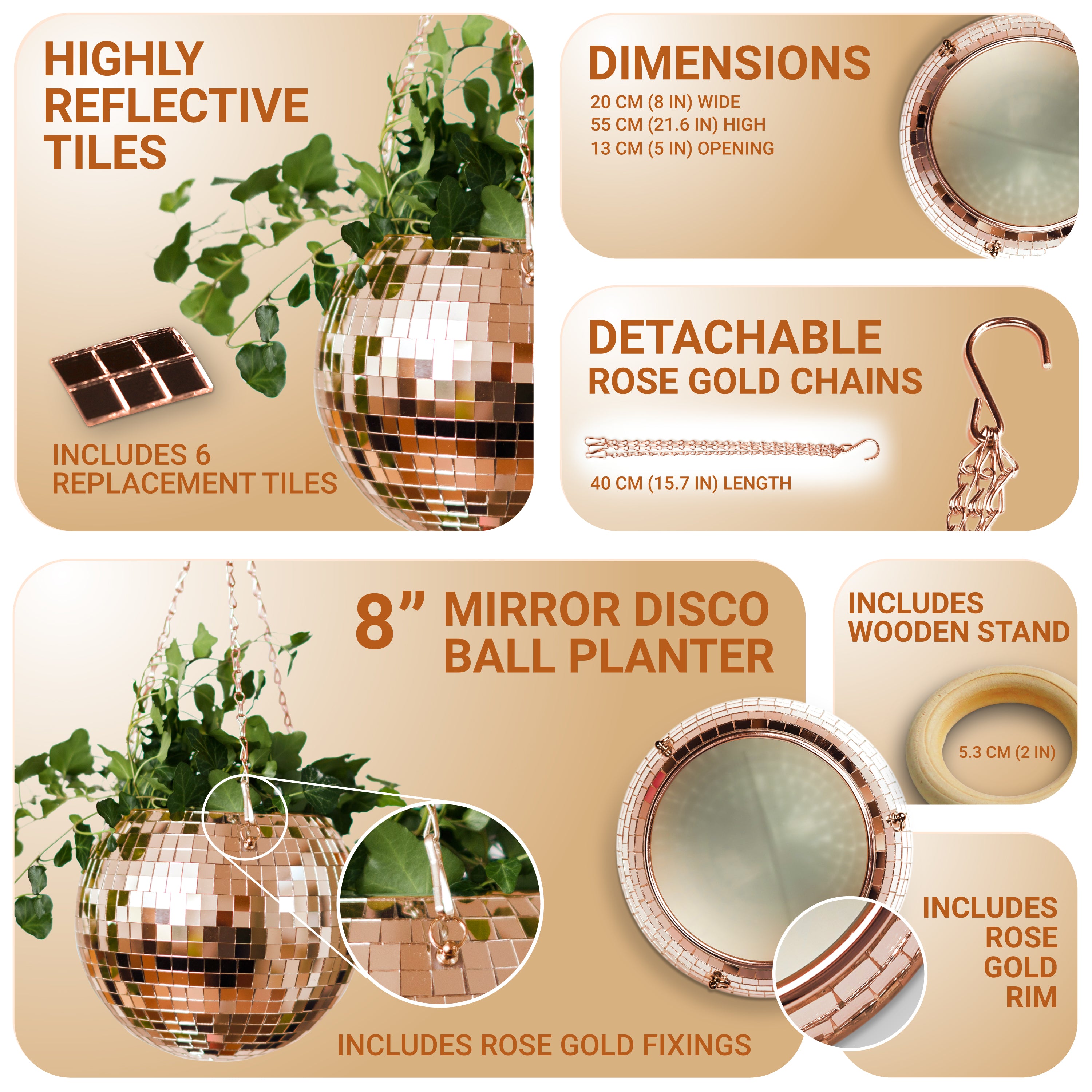 Disco Ball Hanging Planter - Rose Gold (8-inch)