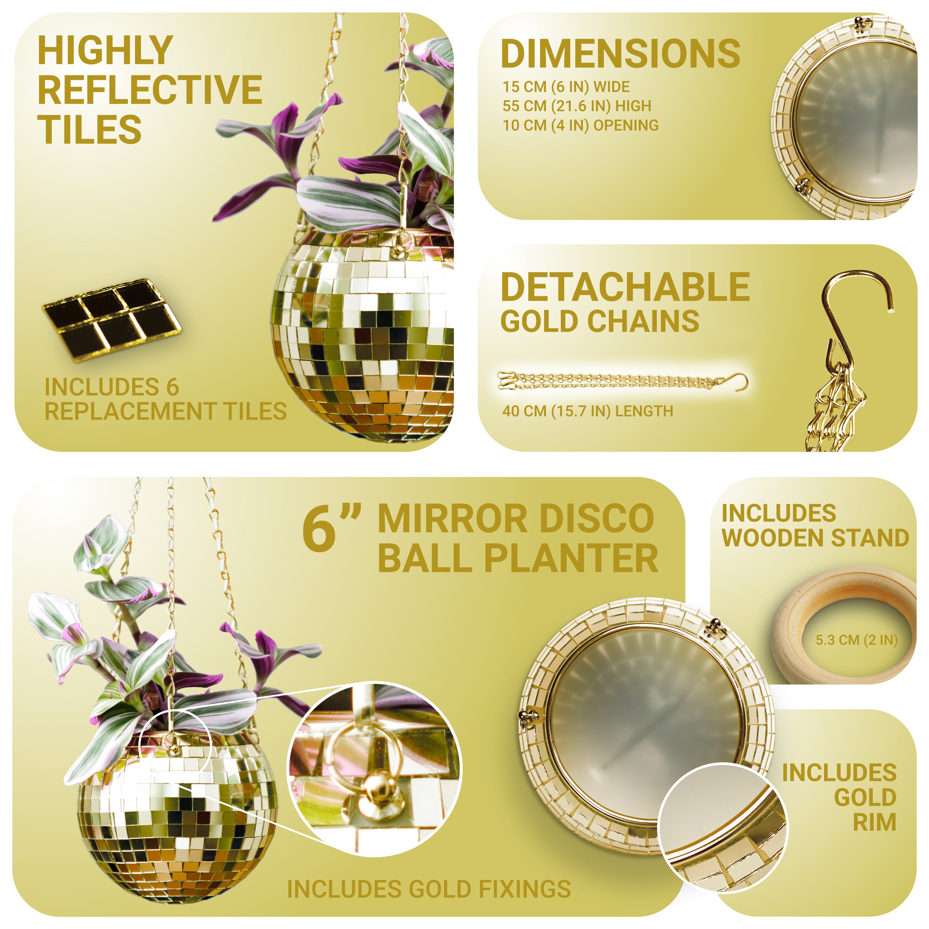 Disco Ball Hanging Planter - Gold (6-inch)