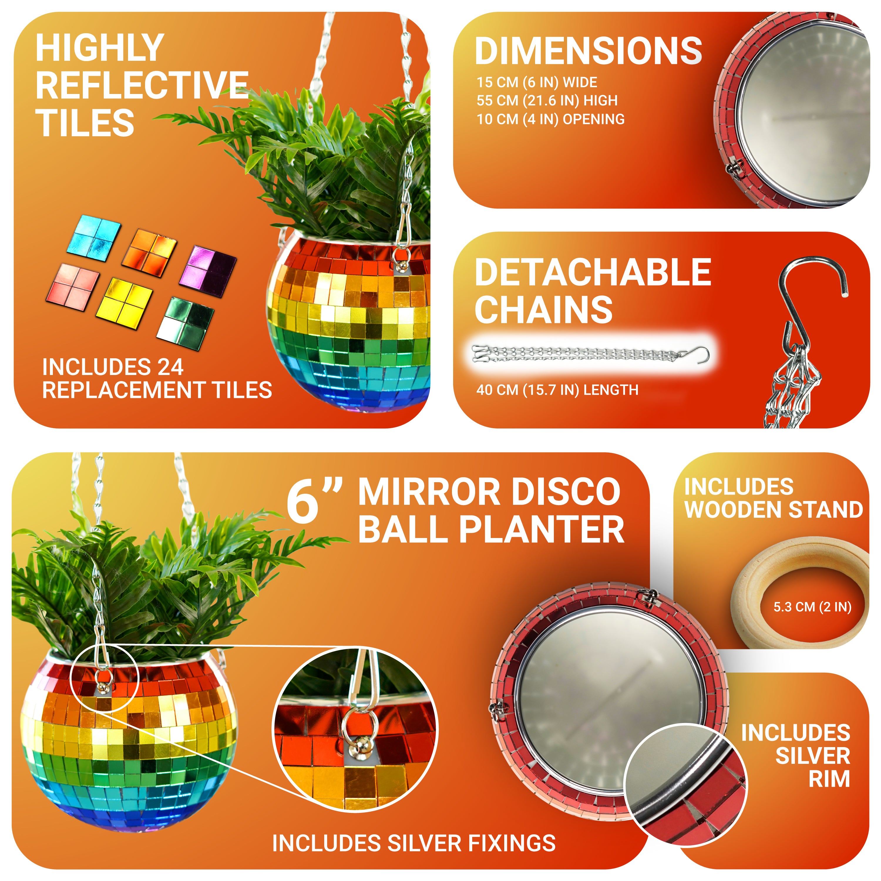 Disco Ball Hanging Planter - Rainbow (6-inch)
