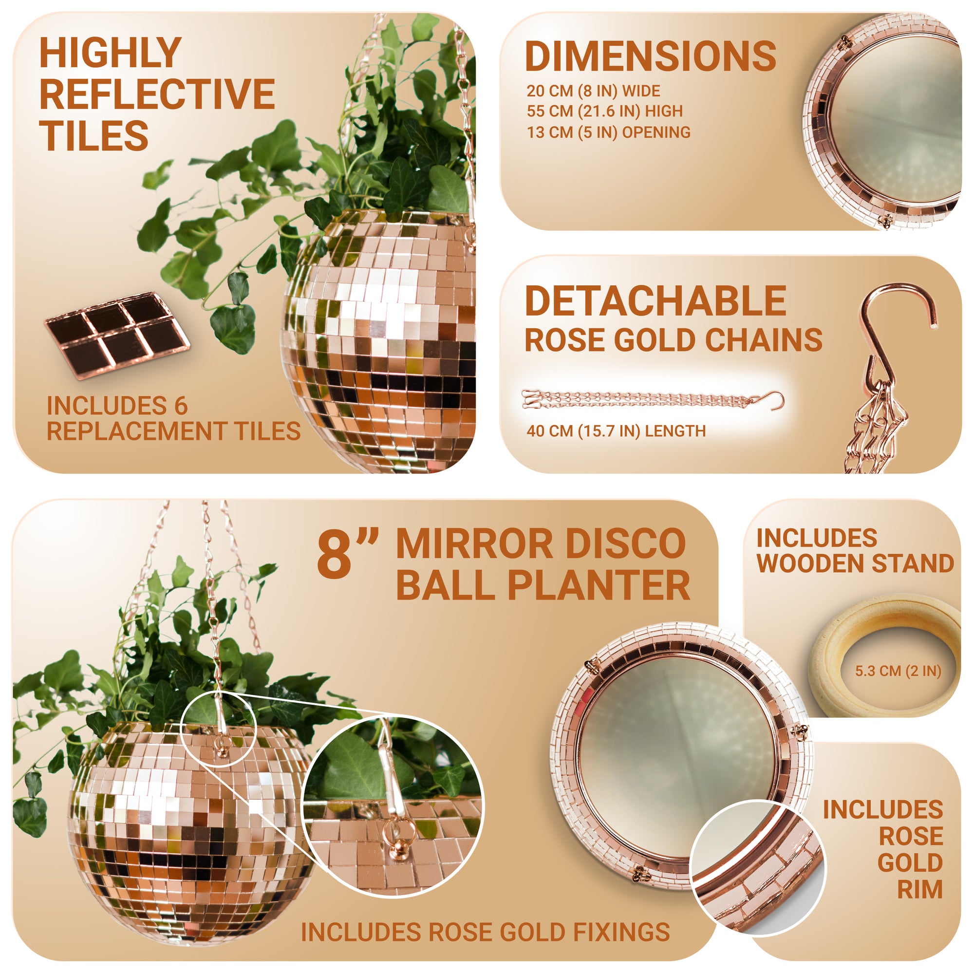 Disco Ball Hanging Planter - Rose Gold (8-inch)